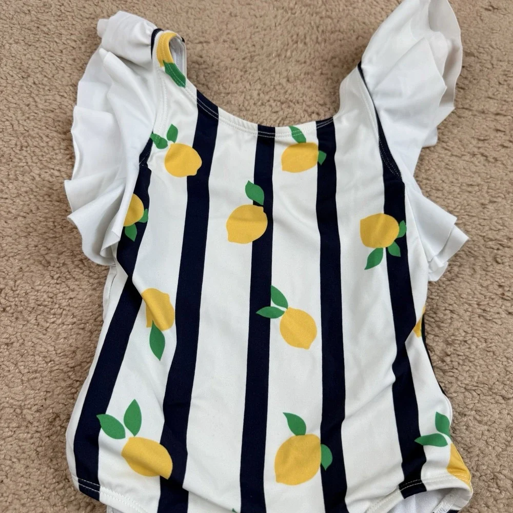 Janie and Jack Swimsuit Girls 4 Citrus Lemon Blue Stripe Ruffle One Piece UPF 50